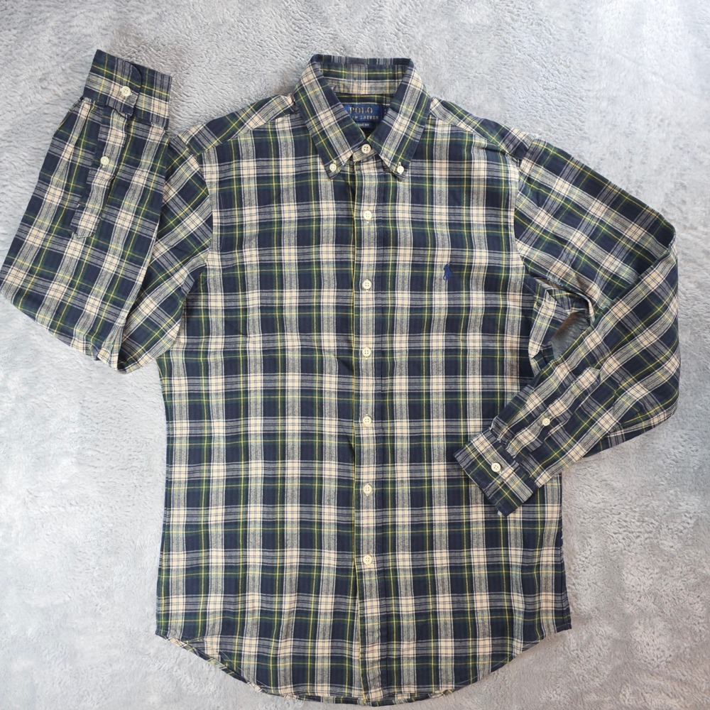 Polo Ralph Lauren Mens Small Navy Green Plaid Button Down Shirt Classic Fit
